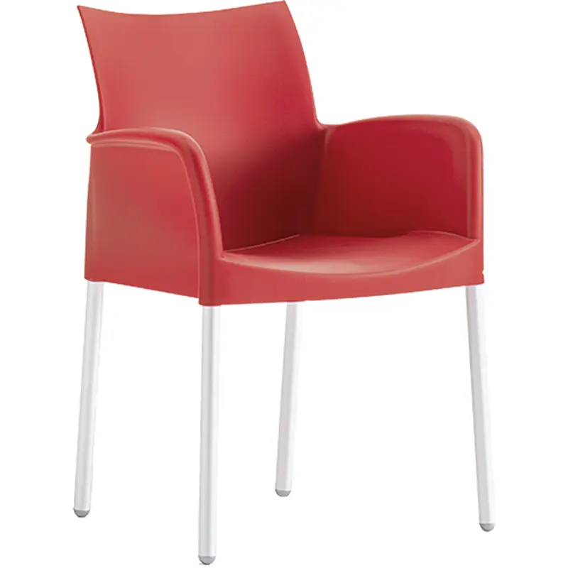 Designsessel ICE 850 von Pedrali mit roten Armlehnen und Rückenlehne, Kunststoffschale, weiße Metallbeine, elegante moderne Lounge-Sessel für Wartebereiche, Empfang und Gastgewerbe.