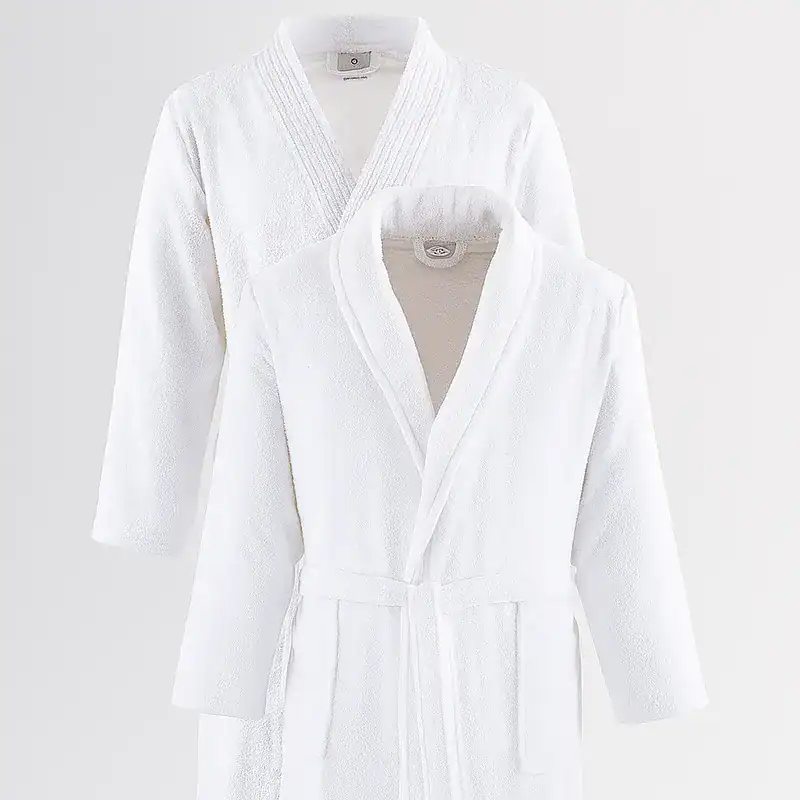 FLORENZ-Walkfrottier-390g-Bademantel-Kimono-oder-Schalkragen-weiss