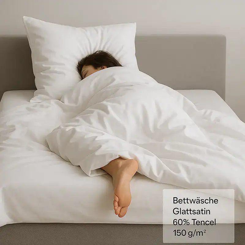 Frau liegend im Bett auf 80x80cm Kopfkissen, bedeckt durch Decke in Glattsatin Bettwäsche mit 60% Tencel.