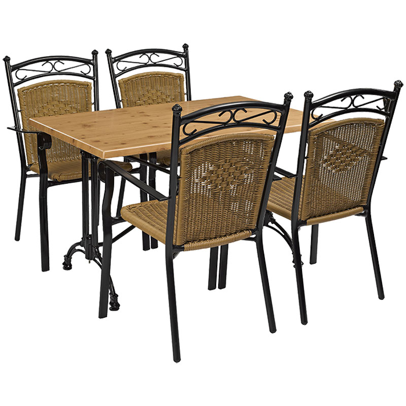Amazon 3 Alu-Rattan Stapelsessel mit schwarzem Gestell und Naturgeflecht an rechteckigem Terrassentisch