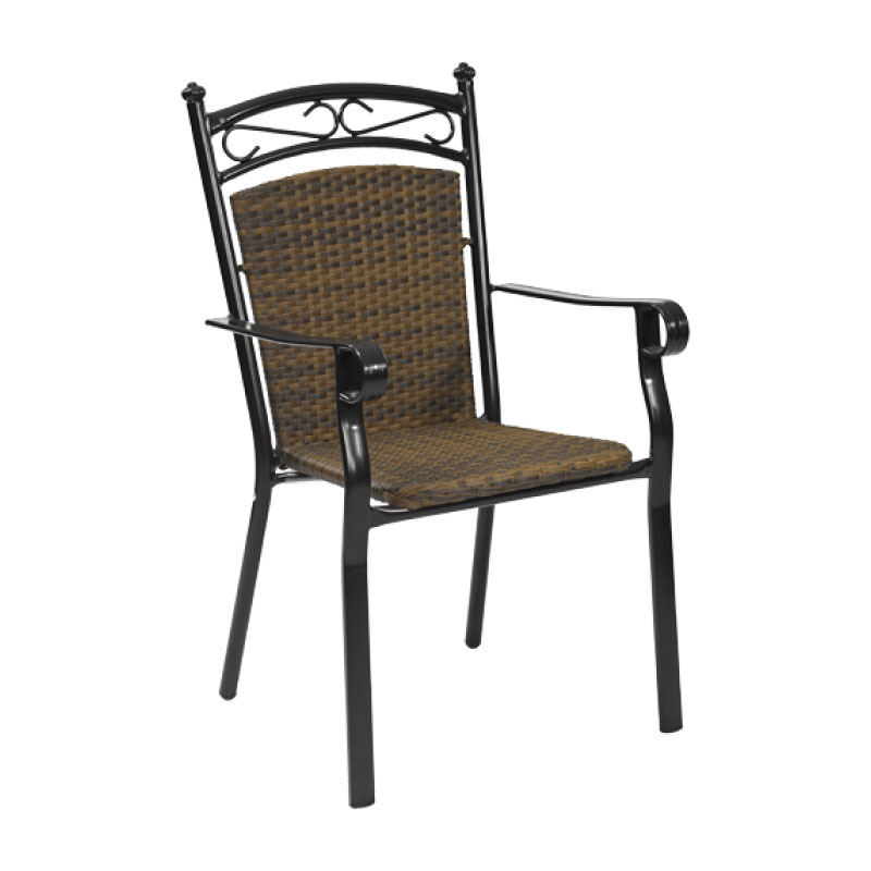 Amazon 3 Alu-Rattan Stapelsessel – klassischer Gastro-Armlehnstuhl mit dunkelbraunem Geflecht & schwarzem Gestell - Hantermann - Der Hotelausstatter Amazon 3 Alu-Rattan Stapelsessel mit schwarzem Metallgestell, Armlehnen und dunkelbraunem Rattangeflecht