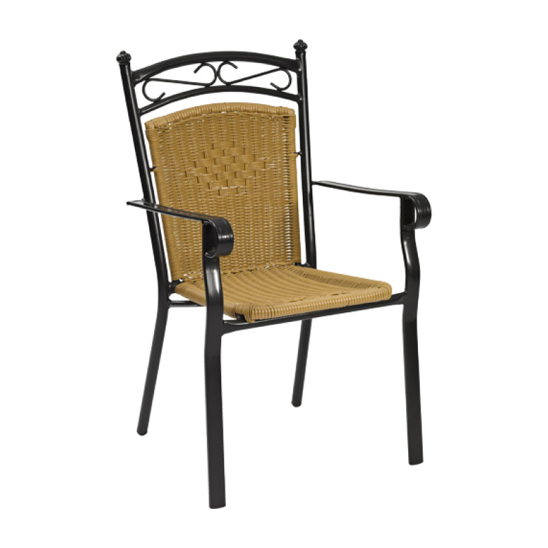 Amazon 3 Alu-Rattan Stapelsessel – klassischer Outdoor-Armlehnstuhl mit Naturgeflecht für Café & Restaurantterrasse - Hantermann - Der Hotelausstatter Amazon 3 Alu-Rattan Stapelsessel mit schwarzem Metallgestell, Armlehnen und naturfarbenem Geflecht