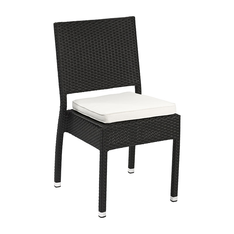 AVIGNON Alu-Rattan Outdoor Stapelstuhl in Schwarz, 85 cm hoch, mit weißem Sitzkissen für Terrasse und Gastronomie