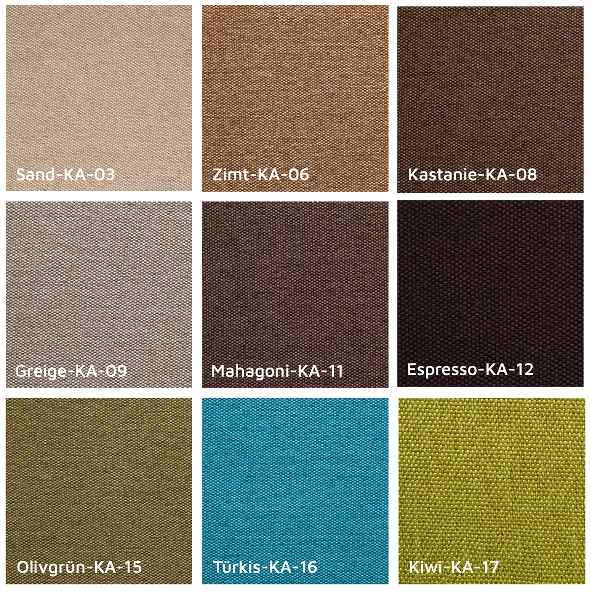 Das Bild zeigt eine Stoffauswahl für das LyonBed-Boxspringbett mit insgesamt neun verschiedenen Farbmusterquadraten, jeweils mit Farbbezeichnung und Artikelnummer im unteren Bereich des jeweiligen Quadrats. Die Stoffproben sind in einem 3x3 Raster angeordnet: Erste Reihe: Sand-KA-03, Zimt-KA-06, Kastanie-KA-08 Zweite Reihe: Greige-KA-09, Mahagoni-KA-11, Espresso-KA-12 Dritte Reihe: Olivgrün-KA-15, Türkis-KA-16, Kiwi-KA-17 Jeder Stoff ist als Textiltextur deutlich erkennbar und die Farbpalette bietet eine Auswahl von neutralen, warmen und kräftigen Tönen, die klassisch und modern wirken.