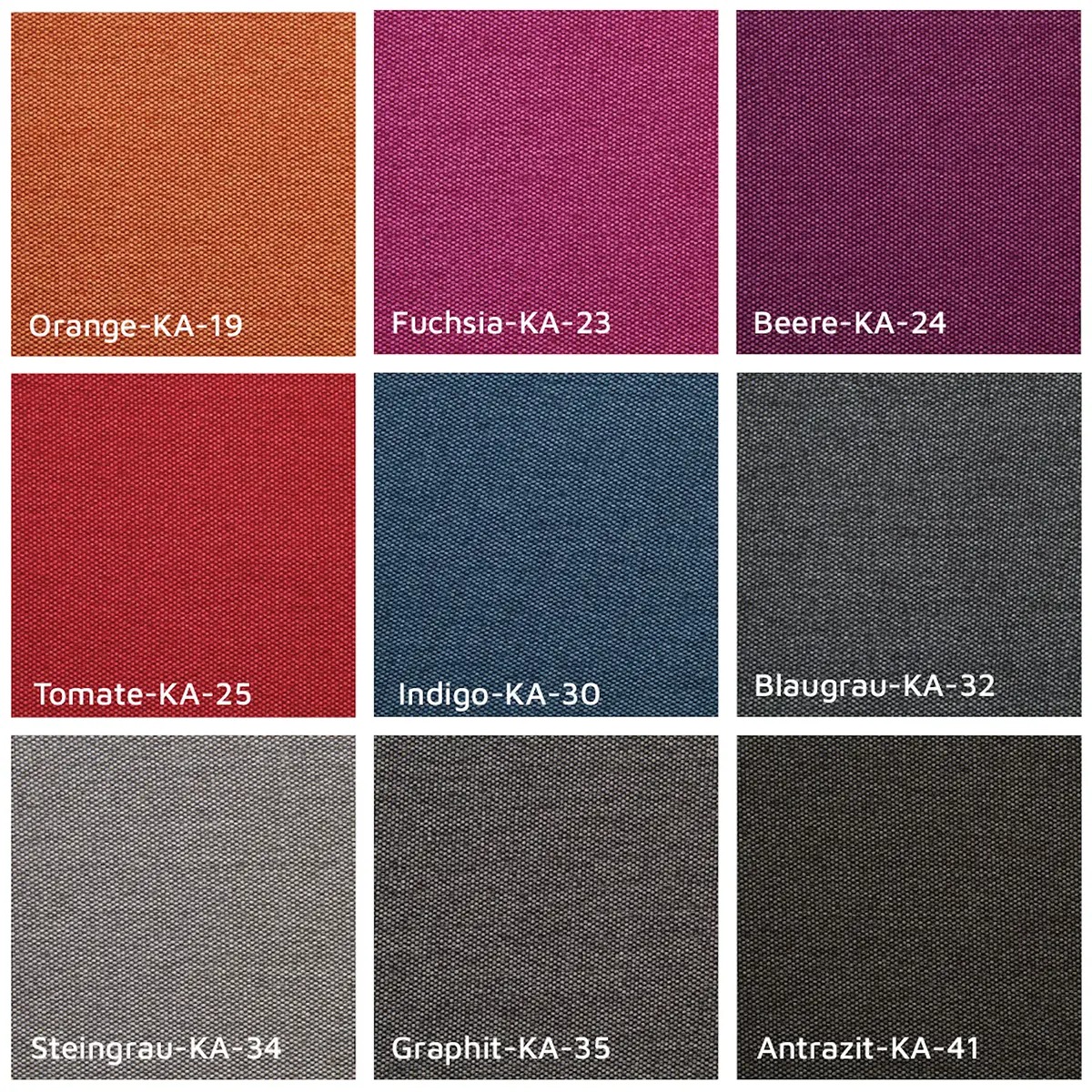 Das Bild zeigt eine Stoffauswahl für Möbel oder Betten und präsentiert neun verschiedenfarbige Stoffmuster in einem 3x3 Raster. Jede Stoffprobe ist mit ihrer Farbbezeichnung sowie einer Artikelnummer unten links versehen: Erste Reihe: Orange-KA-19, Fuchsia-KA-23, Beere-KA-24 Zweite Reihe: Tomate-KA-25, Indigo-KA-30, Blaugrau-KA-32 Dritte Reihe: Steingrau-KA-34, Graphit-KA-35, Antrazit-KA-41 Die Farbtöne reichen von kräftigen und warmen Farben über gedeckte Blau- und Grautöne bis hin zu dunklen und neutralen Varianten. Die Textur der Stoffe ist bei jeder Farbe deutlich sichtbar.
