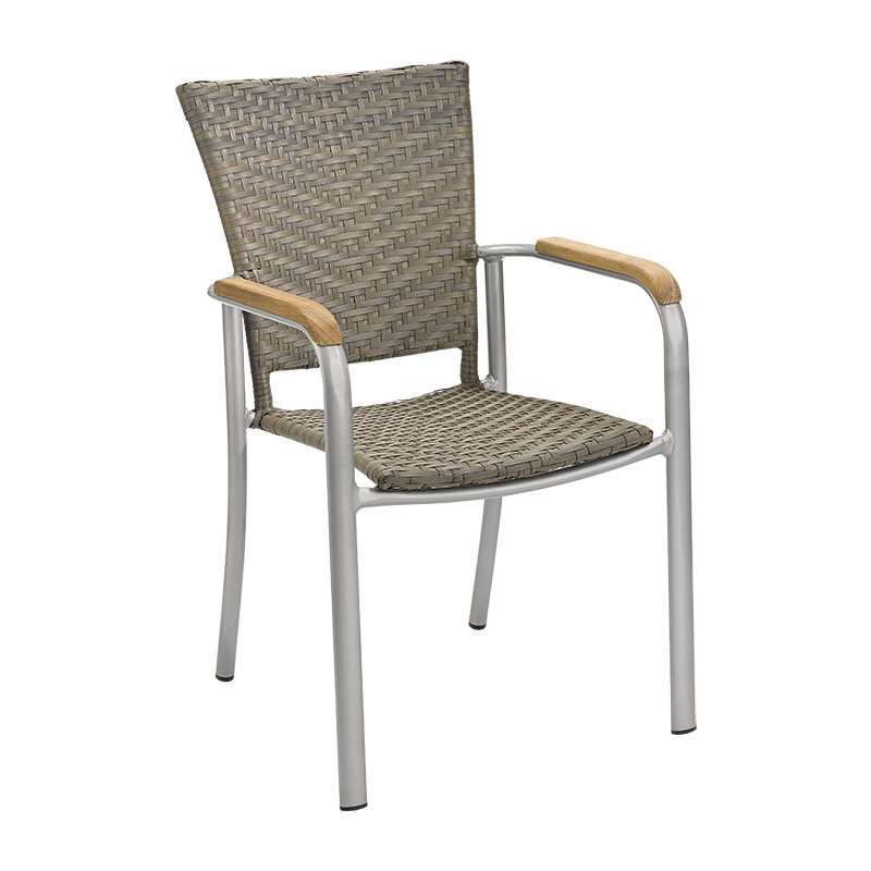 BAJA 3 Outdoor Stapelsessel – Steingraues Rattangeflecht - Hantermann - Der Hotelausstatter BAJA 3 Alu-Rattan Outdoor Stapelsessel in Steingrau mit silbernem Aluminiumgestell, Armlehnen in Holzoptik und 87 cm Höhe
