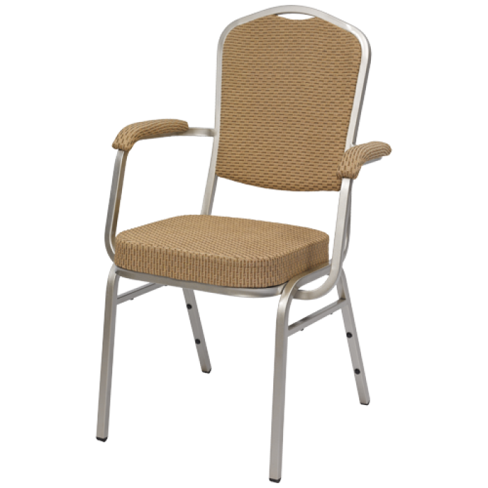 Bankettstuhl mit Armlehnen und beigefarbenem Strukturbezug – eleganter Polsterstuhl für Events - Hantermann - Der Hotelausstatter Beigefarbener Bankettstuhl mit Strukturbezug, gepolsterten Armlehnen und silberfarbenem Metallgestell