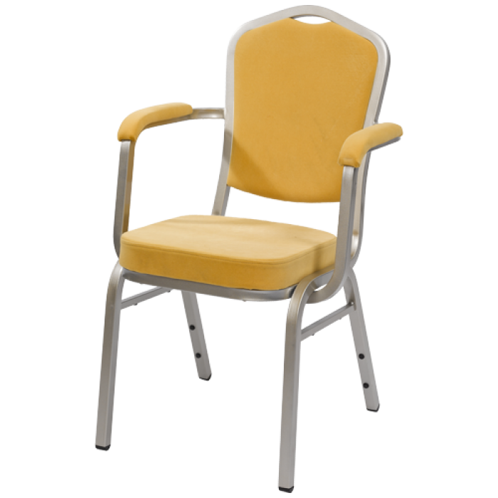Bankettstuhl mit Armlehnen und gelbem Polster – komfortabler Eventstuhl mit silberfarbenem Gestell - Hantermann - Der Hotelausstatter Gelber Bankettstuhl mit gepolsterten Armlehnen, hoher Rückenlehne und silberfarbenem Metallgestell