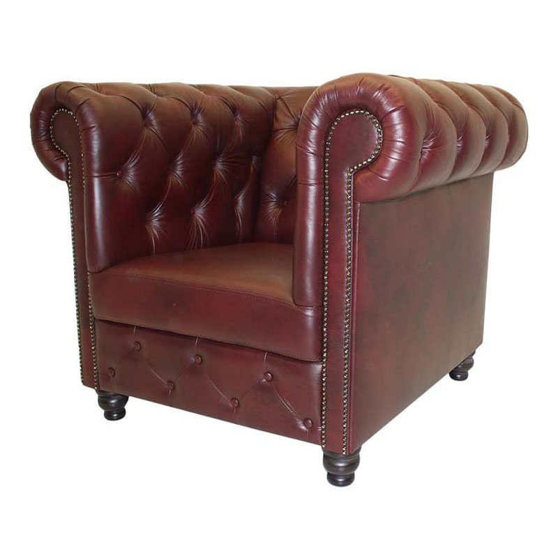 Chesterfield Sessel Nr. 1, bordeauxfarbener Ledersessel im Chesterfield-Stil mit tiefer Knopfsteppung, kräftigen Rolllarmlehnen, Ziernägeln und gedrehten Füßen