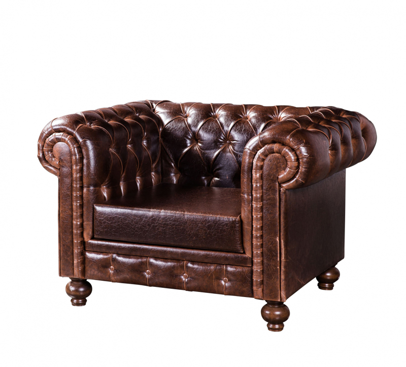 Chesterfield Sessel Nr. 11, breiter brauner Ledersessel im Chesterfield-Stil mit tiefgesteppter Polsterung, Rolllarmlehnen und gedrehten Holzfüßen