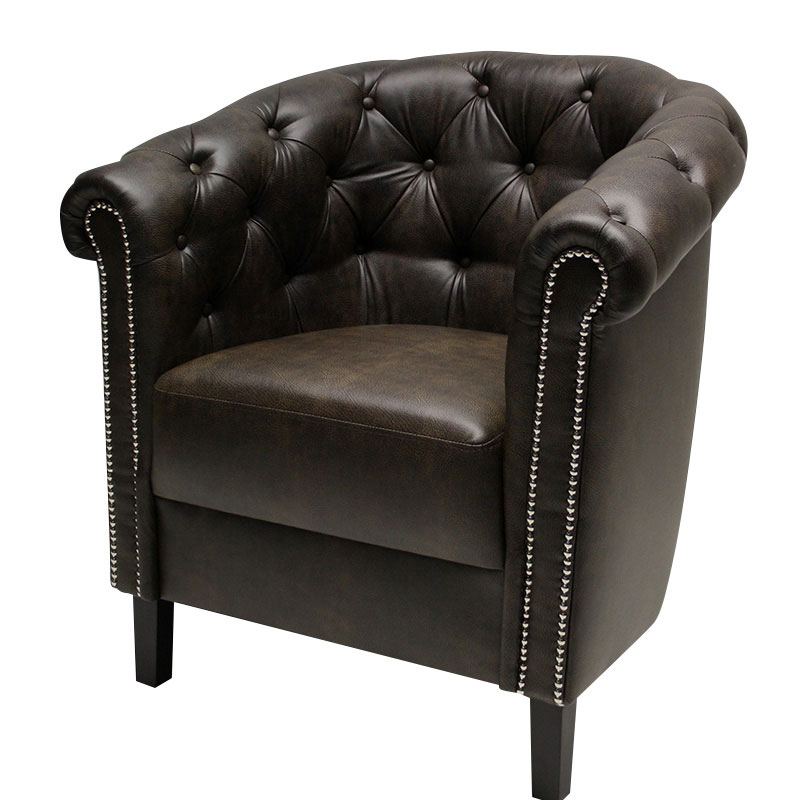 Chesterfield Sessel Nr. 2, kompakter brauner Club-Ledersessel mit Chesterfield-Steppung, runder Rückenform und Ziernägeln an der Front