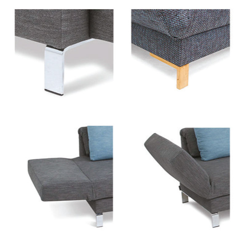 CLIO Schlafsofa / Relaxliege mit Stauraum – Details zu Füßen und Funktionen - Hantermann - Der Hotelausstatter Detailbilder des CLIO Schlafsofas: Metall- und Holzfüße, ausgeklappte Liegefläche und hochgestellte, verstellbare Armlehne in grauem Stoffbezug