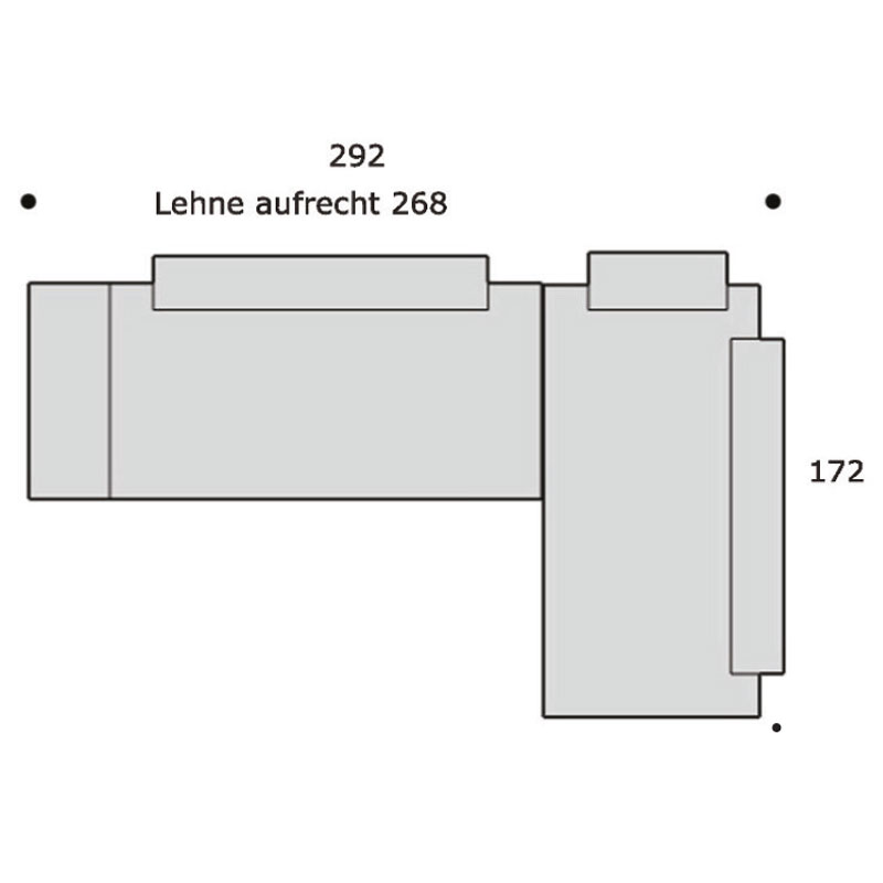CLIO Schlafsofa / Relaxliege – Stellmaß der Ecklösung - Hantermann - Der Hotelausstatter Grundrisszeichnung eines L-förmigen CLIO Schlafsofas mit Gesamtbreite 292 cm (Lehne aufrecht 268 cm) und Seitenteil-Tiefe 172 cm