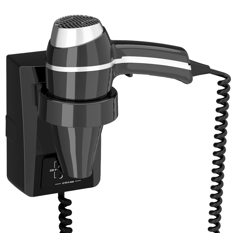 CLIPPER II Wand-Haartrockner in Schwarz mit silbernen Designelementen, praktischer Wandhalterung und flexiblem Spiralkabel für Hotelbadezimmer