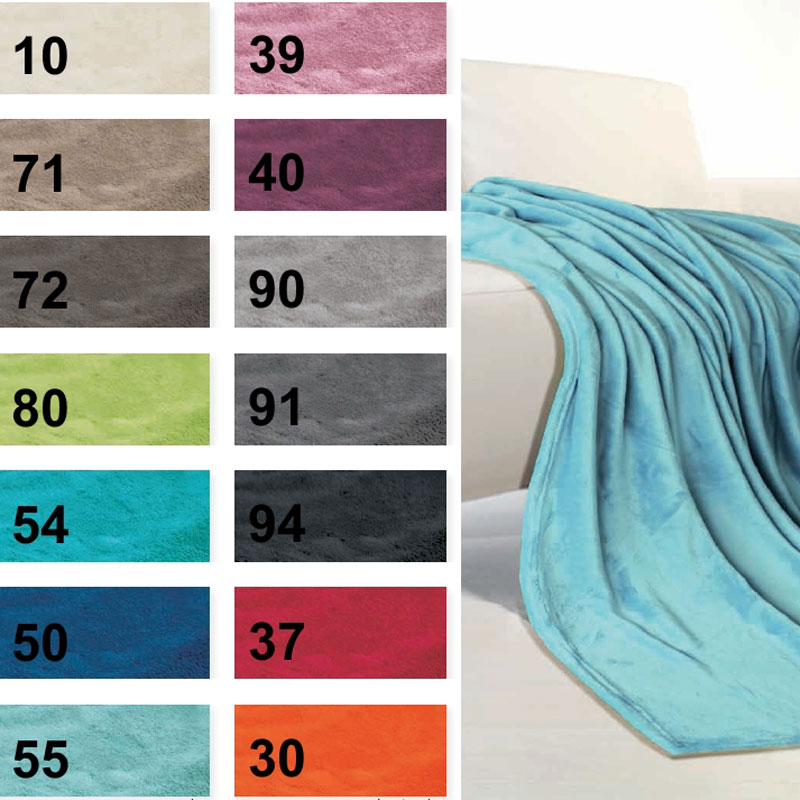 COLORADO Tagesdecke – kuschelige Wohndecke 150 × 200 cm in vielen Farben - Hantermann - Der Hotelausstatter Farbübersicht der COLORADO Tagesdecke mit nummerierten Stoffmustern und einer türkisfarbenen Wohndecke auf einem Sofa