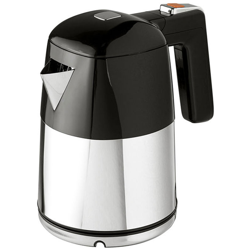 DIVA Wasserkocher in Schwarz und Silber mit glänzendem Edelstahlgehäuse, schwarzem Deckel, ergonomischem Griff, silberfarbenem Ausguss und Bedienelement am Griff auf weißem Hintergrund