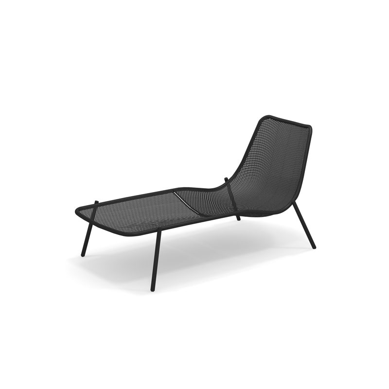 EMU ROUND 468 Sonnenliege in Schwarz mit perforierter Metallstruktur, hoher Rückenlehne und modernem Design für den Außenbereich