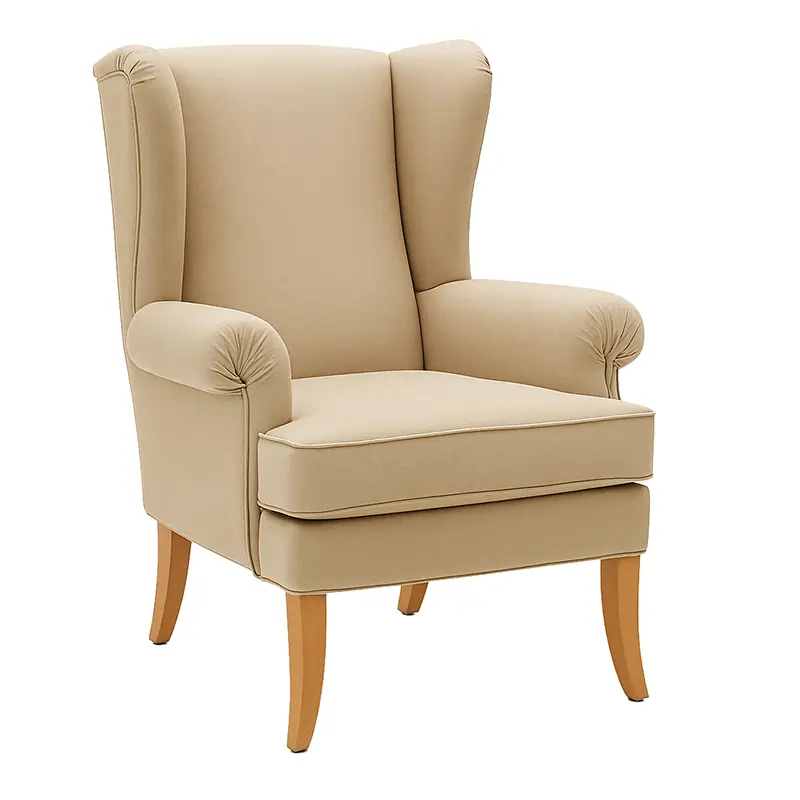 FION 1 Ohrensessel von One-Seating Portugal mit hoher Rückenlehne, gepolsterten Armlehnen und Holzfüßen für Lobby und Lounge