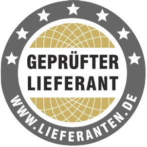 Rundes Qualitätssiegel „Geprüfter Lieferant“ in Grau und Gold mit Sternenkranz und Webadresse „www.lieferanten.de“ als Zertifikat für geprüfte, vertrauenswürdige Anbieter.