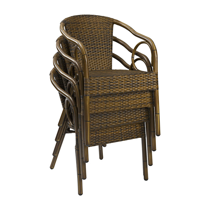HAITI 1 Polyrattan Outdoor Stapelsessel – stapelbarer Terrassenstuhl 80 cm hoch in dkl. Bambus braun-meliert - Hantermann - Der Hotelausstatter Mehrere HAITI 1 Polyrattan Stapelsessel in dunkel-braun melierter Bambusoptik platzsparend übereinandergestapelt