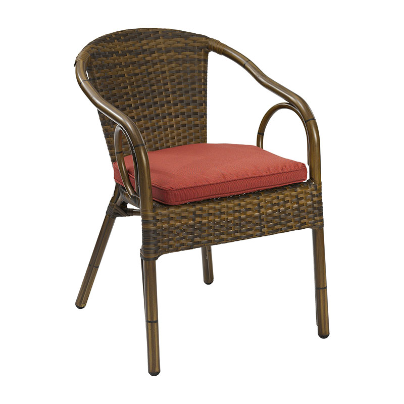 HAITI 1 Polyrattan Outdoor Stapelsessel – Terrassenstuhl 80 cm hoch in dkl. Bambus braun-meliert mit rotem Sitzkissen - Hantermann - Der Hotelausstatter HAITI 1 Polyrattan Stapelsessel braun-meliert mit Bambusoptik-Gestell und rotem Sitzkissen für Café- und Restaurantterrassen