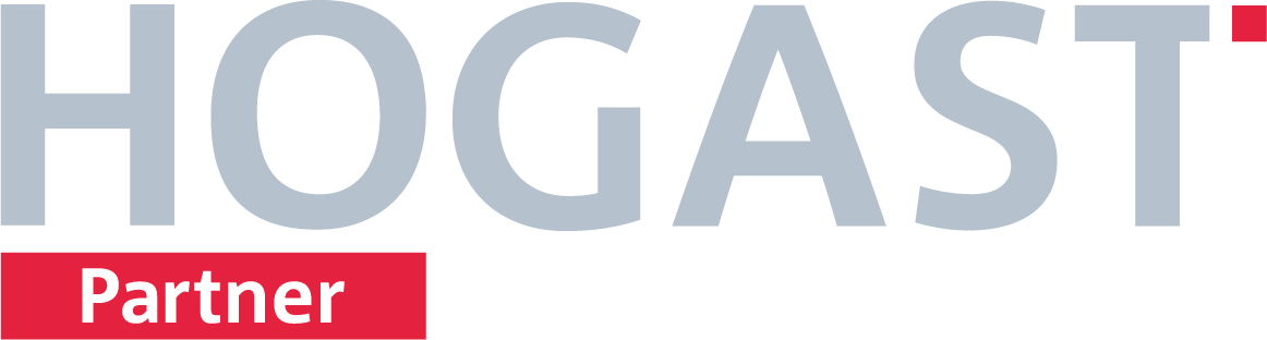 HOGAST Partner-Logo mit großem hellgrauen Schriftzug „HOGAST“ und rotem Balken darunter mit weißer Aufschrift „Partner“ als Zeichen zertifizierter Kooperation in Hotellerie und Gastronomie.