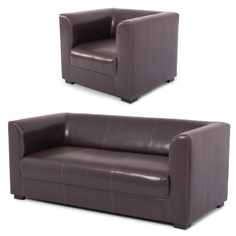 Hotelmöbel 3-Sitzer Sofa Nr. 19, dunkelbraune kubische Ledercouch mit durchgehenden Armlehnen und Ziernähten, zusammen mit passendem Sessel