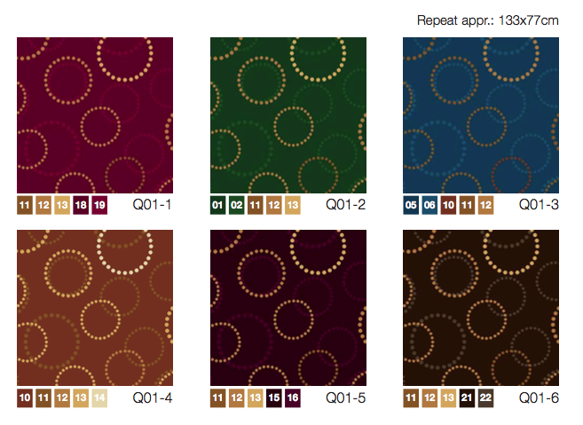 Hotelteppich 01 Q01-Kollektion: Objektteppiche mit Punktkreis-Muster in Rot, Grün, Blau, Orange, Violett, Braun