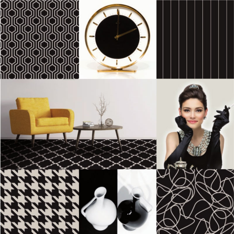 Collage Hotelteppichboden ART DECO schwarz-weiß mit grafischen Mustern, Einrichtung und Porträt im Retro-Stil