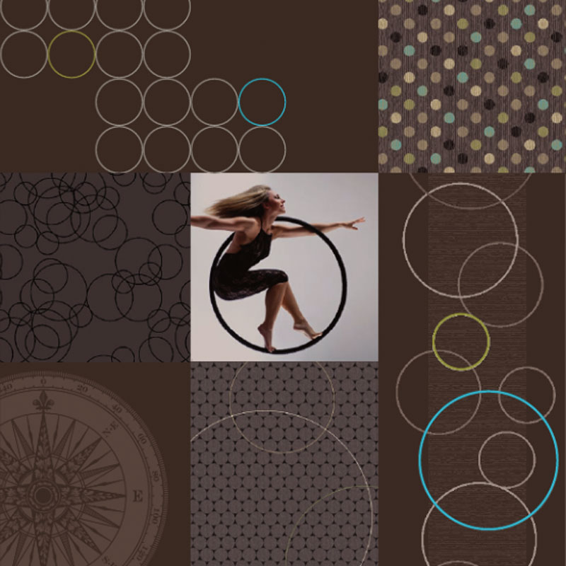 Collage Hotelteppichboden CIRCLES mit unterschiedlichen Kreis- und Punktmustern sowie einer Frau im Ring