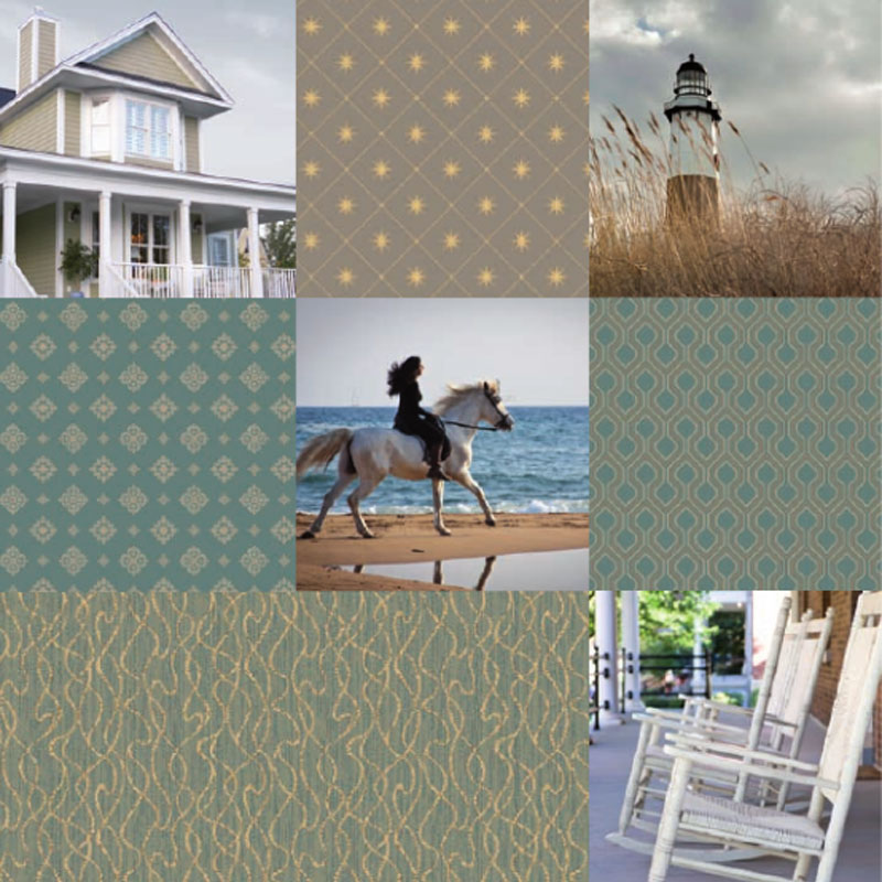 Collage Hotelteppichboden FOUR SEASONS mit Haus-, Leuchtturm-, Reiter- und Schaukelstuhlmotiven sowie grafischen Mustern