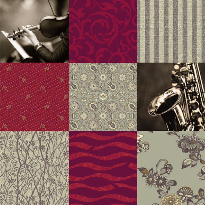 Collage Hotelteppichboden KLASSISCH mit Ornament-, Streifen-, floralen und grafischen Mustern sowie Instrumentenmotiven