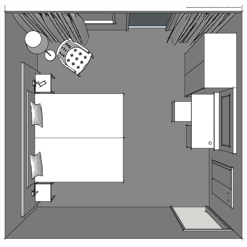 Grundriss eines Hotel-Doppelzimmers mit Bett, Schreibtisch, Schrank, Sessel und ca. 16 m² Fläche