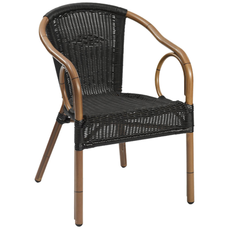 KARIBIK 5 Polyrattan Outdoor Stapelsessel mit schwarzem Rundgeflecht und dunkelbraunem Bambusgestell, 80 cm hoch
