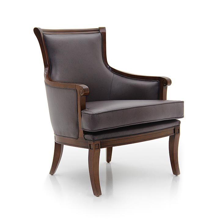 Klassischer Sessel ALSAZIA im Barockstil – elegante Seitenansicht mit Holzdetails - Hantermann - Der Hotelausstatter Klassischer Barocksessel ALSAZIA mit dunkelbrauner Polsterung, geschwungenen Holzarmlehnen und weich gepolstertem Sitzkissen