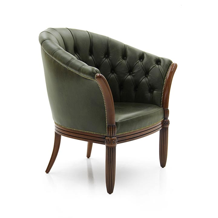 Klassischer Sessel AUGUSTO im Barockstil mit dunkelgrüner Chesterfield-Polsterung, Holzrahmen und gedrechselten Beinen