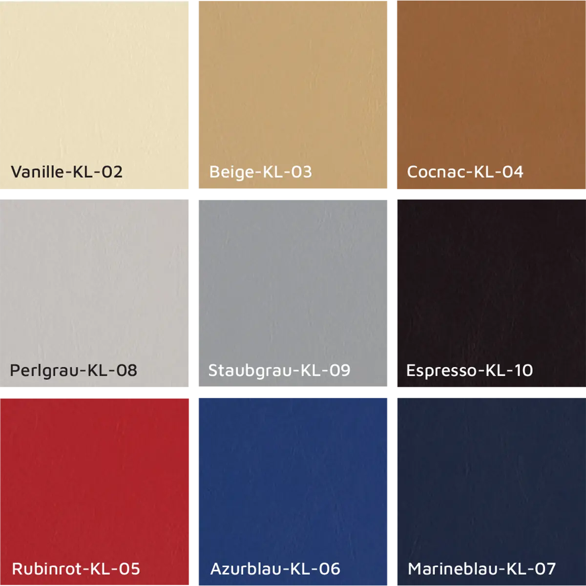 Kunstlederauswahl für Lyonbed Boxspringbetten Das Bild zeigt die umfangreiche Kunstlederauswahl der Lyonbed Boxspringbetten von Hantermann Hotelausstatter. Die Farbpalette präsentiert neun verschiedene Kunstledervarianten, die speziell für Hotelausstattungen entwickelt wurden. Farbvarianten der Kollektion Warme und neutrale Töne: Das Portfolio umfasst klassische Vanille-KL-02 in hellem Creme-Ton als besonders diskrete Variante für traditionelle Hotelambiente. Beige-KL-03 bietet einen wärmeren, universell einsetzbaren Mittelton, während Cognac-KL-04 einen kräftigeren, eleganten Braunton darstellt – ideal für gehobene Hotelklassen mit stilvollem Flair. Grautöne und neutrale Optionen: Die grauen Varianten Perlgrau-KL-08 (helles Grau) und Staubgrau-KL-09 (mittleres Grau) ermöglichen moderne, zeitgemäße Designansätze. Espresso-KL-10 ist ein tiefes, fast schwarzes Schwarz und bietet maximale Eleganz und Praktikabilität für stark frequentierte Hotels. Akzentfarben: Für designstarke oder spezialisierte Hotelkonzepte stehen Rubinrot-KL-05 (lebendiges Rot), Azurblau-KL-06 (tiefes königliches Blau) und Marineblau-KL-07 (dunkles Blau) zur Verfügung. Praktische Bedeutung für den Hotelbetrieb Diese Kunstlederauswahl ist speziell auf die Anforderungen der Hotellerie abgestimmt. Kunstleder bietet gegenüber echtem Leder erhebliche Vorteile für professionelle Hotelumgebungen: einfache Reinigung, hohe Strapazierfähigkeit, kostengünstige Wartung und konsistente Farbqualität über längere Zeiträume. Die neun Optionen ermöglichen es Hoteliers, ihre Betriebseinrichtungen an spezifische Designkonzepte anzupassen – von klassisch-konservativ bis zeitgenössisch-modern.