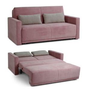 LARA Schlafsofa in Rosé mit grauen Rückenkissen, einmal als Sofa und einmal als ausgezogenes Bett mit durchgehender Liegefläche