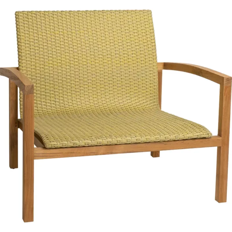 LEAH Outdoor-Loungesessel von STERN® aus Teakholz mit gelbem Kordelbezug und breiten Armlehnen