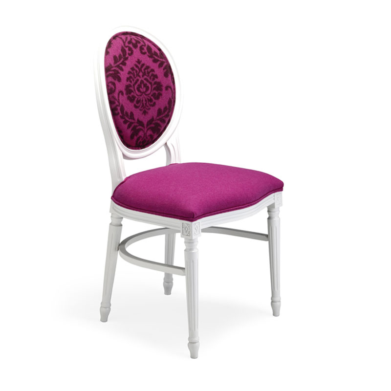 LIBERIA Restaurantstuhl mit weißem Holzgestell, gepolstertem Sitz und gemusterter Rückenlehne in Pink