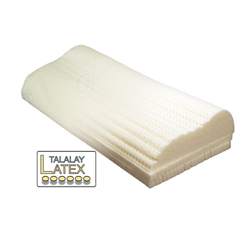 Lyonbed LATEX Nackenstützkissen aus cremefarbenem Talalay-Latex mit Wellenkontur und Lüftungskanälen, daneben Talalay-Latex-Logo