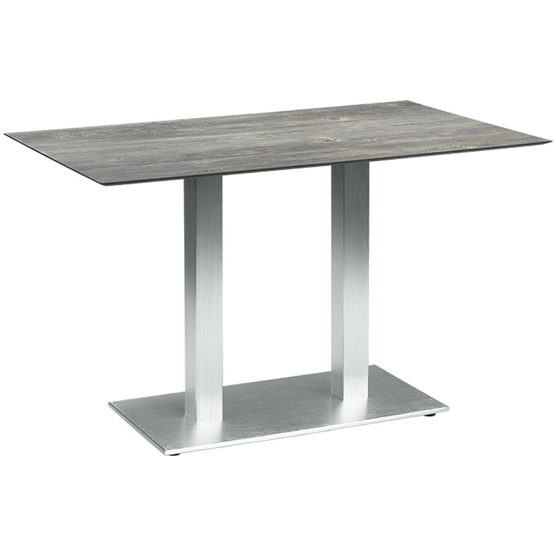 LYONTOP HPL Compactplatte 12 mm – großzügige Design-Tischplatte in Holzoptik für moderne Objektmöbel - Hantermann - Der Hotelausstatter LYONTOP HPL Compactplatte 12 mm in grauer Holzoptik auf Doppelsäulen-Tischgestell für Gastronomie und Hotellerie