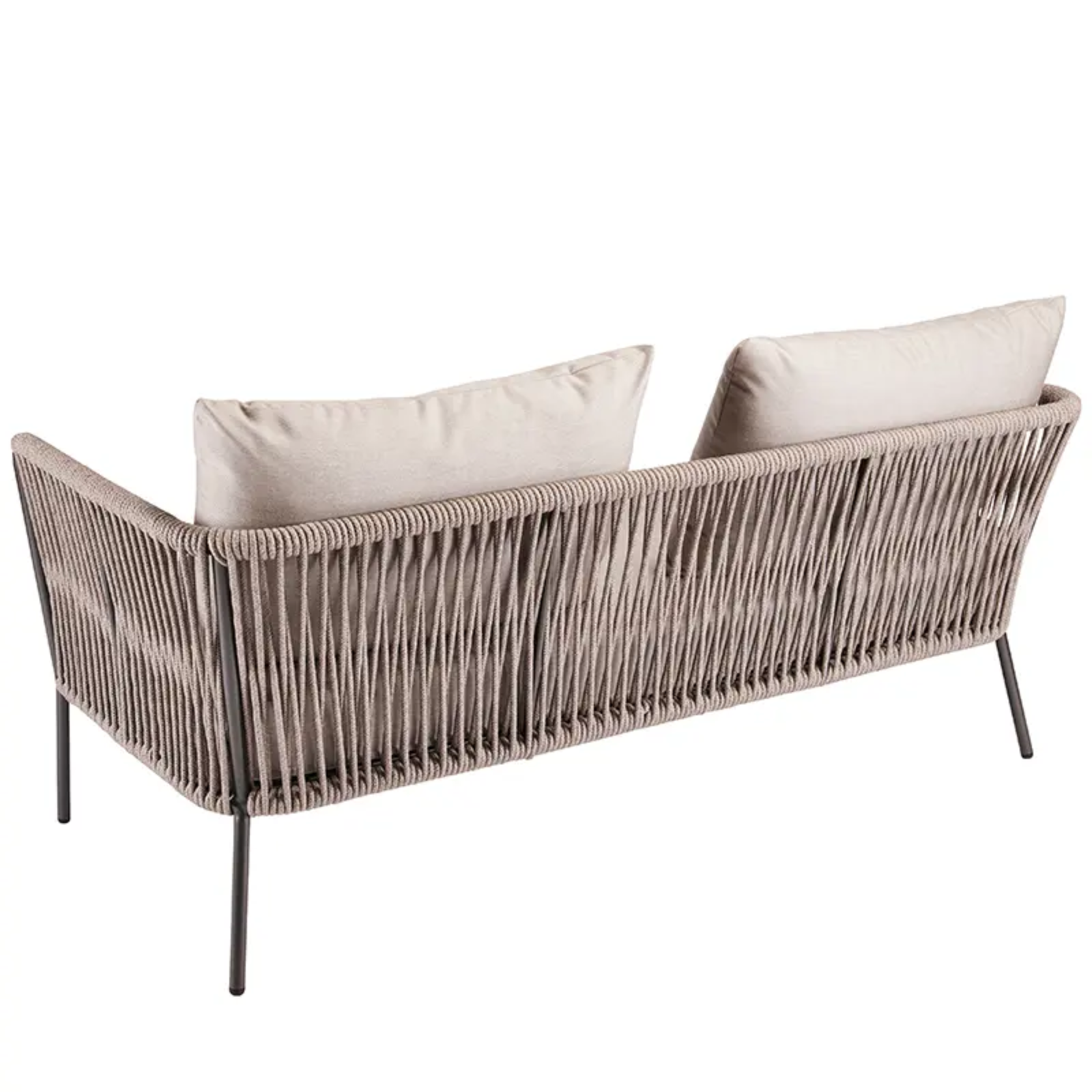 MARLA 2-Sitzer Lounge-Sofa von Stern. Blick von hinten. - Hantermann - Der Hotelausstatter MARLA 2-Sitzer Lounge-Sofa von Stern. Blick von hinten. Aluminiumgestell, geflochtener Kordel und beigen Outdoor-Kissen für Hotel- und Restaurant-Terrassen