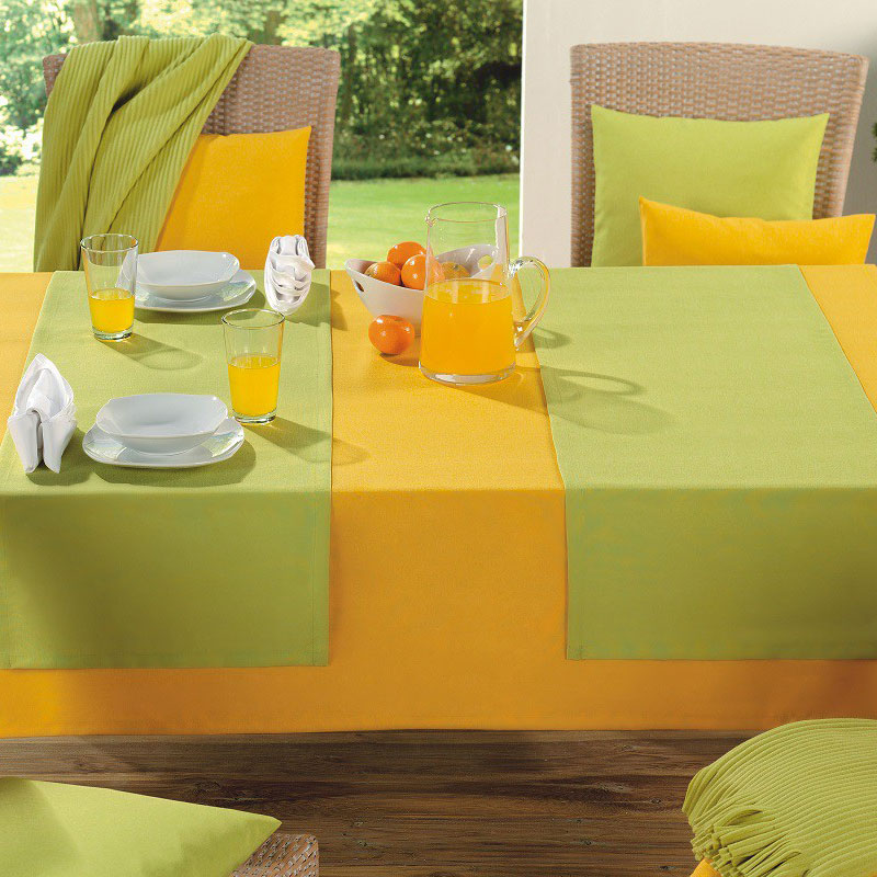MIO Uni-Struktur-Tischwäsche 270 g/m² in Grün und Gelb für farbenfrohe Gastro-Tische auf Terrasse und im Frühstücksraum