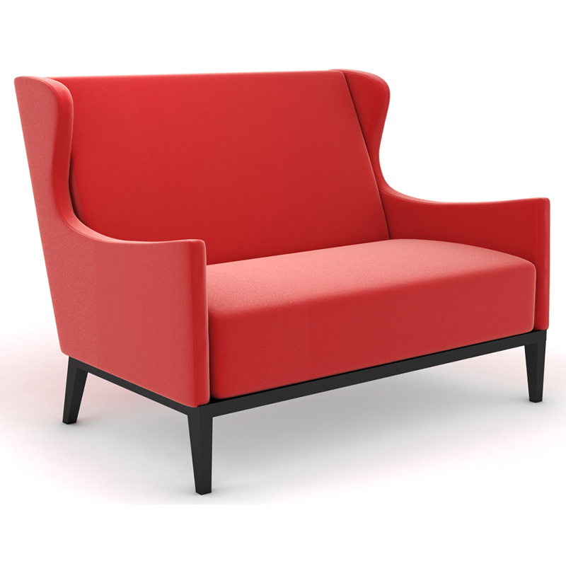 Modernes rotes 2-Sitzer-Loungesofa mit hoher Rückenlehne, angedeuteten Ohren und schwarzen Füßen, seitlich freigestellt