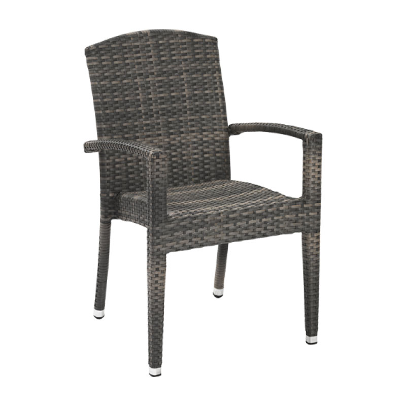 Dark brown woven outdoor patio chair with armrests and metal-tipped legs, shown from a front-right angle.
