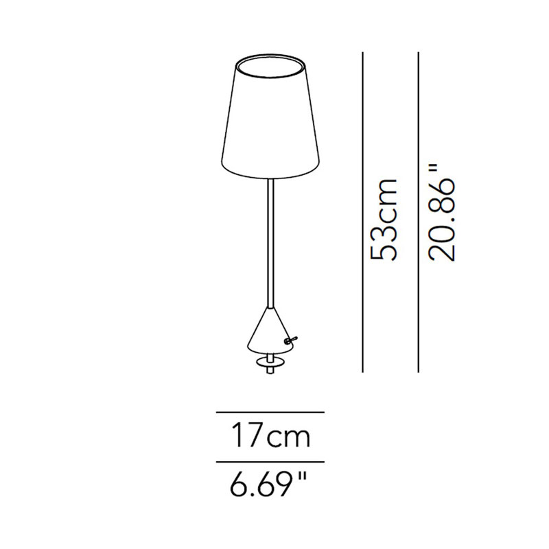 Nachttischlampe LYNDA – Technische Zeichnung mit Maßen - Hantermann - Der Hotelausstatter Technische Maßzeichnung der Nachttischlampe LYNDA mit einer Höhe von 53 cm und einer Breite von 17 cm, konischem Lampenschirm, schlankem Leuchtenstab und kegelförmiger Tischbefestigung