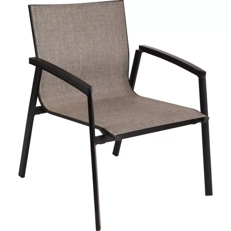 NEW TOP Outdoor Lounge-Stapelsessel von STERN® mit dunklem Gestell, Teakarmlehnen und taupefarbener Bespannung