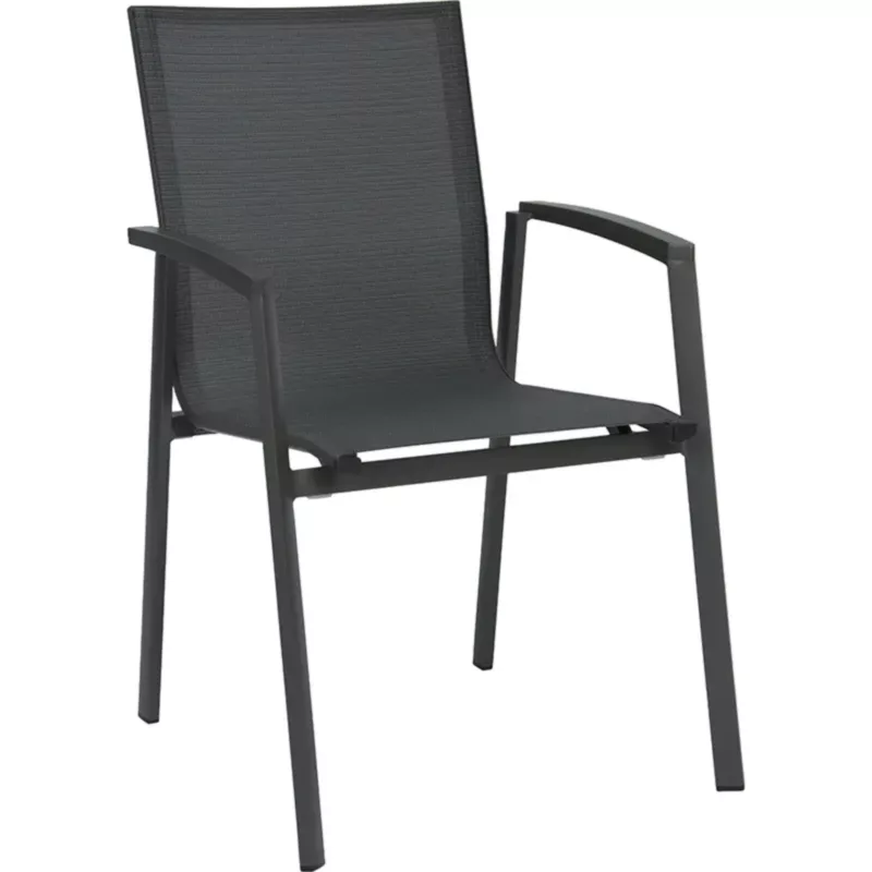 NEW TOP Outdoor Stapelsessel von STERN® mit Aluminiumarmlehnen und dunkler Textilbespannung