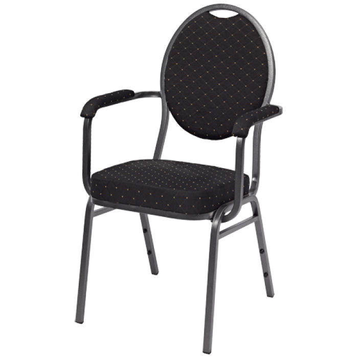 NOBLESSE 20/80 Stapelstuhl mit Armlehnen – eleganter Bankettstuhl in Schwarz - Hantermann - Der Hotelausstatter NOBLESSE 20/80 Stapelstuhl mit Armlehnen, schwarzem Punktmuster und rund gepolsterter Rückenlehne